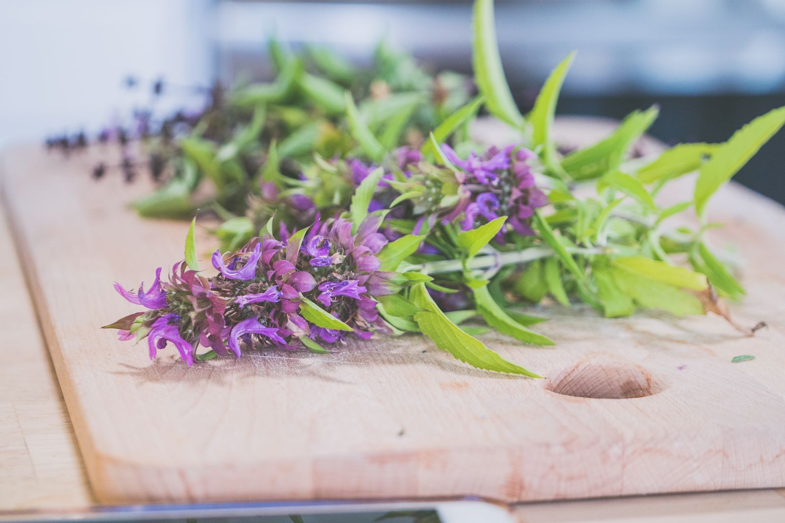 Free Close-up of purple flowers and herbs on a wooden board, ideal for natural therapy and herbal medicine themes.