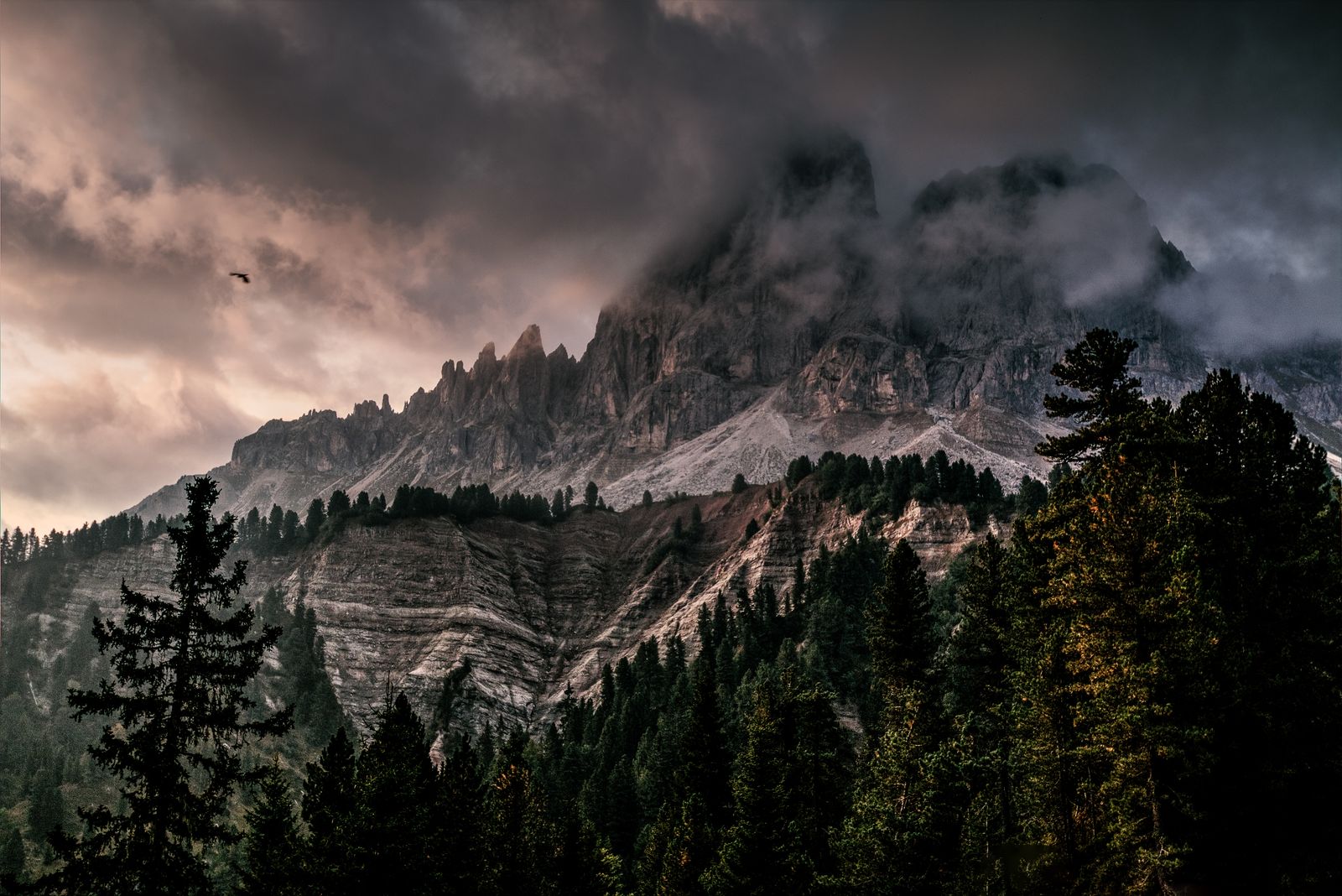 Breathtaking view of the Dolomites under dramatic skies and dense forest, creating a picturesque landscape.