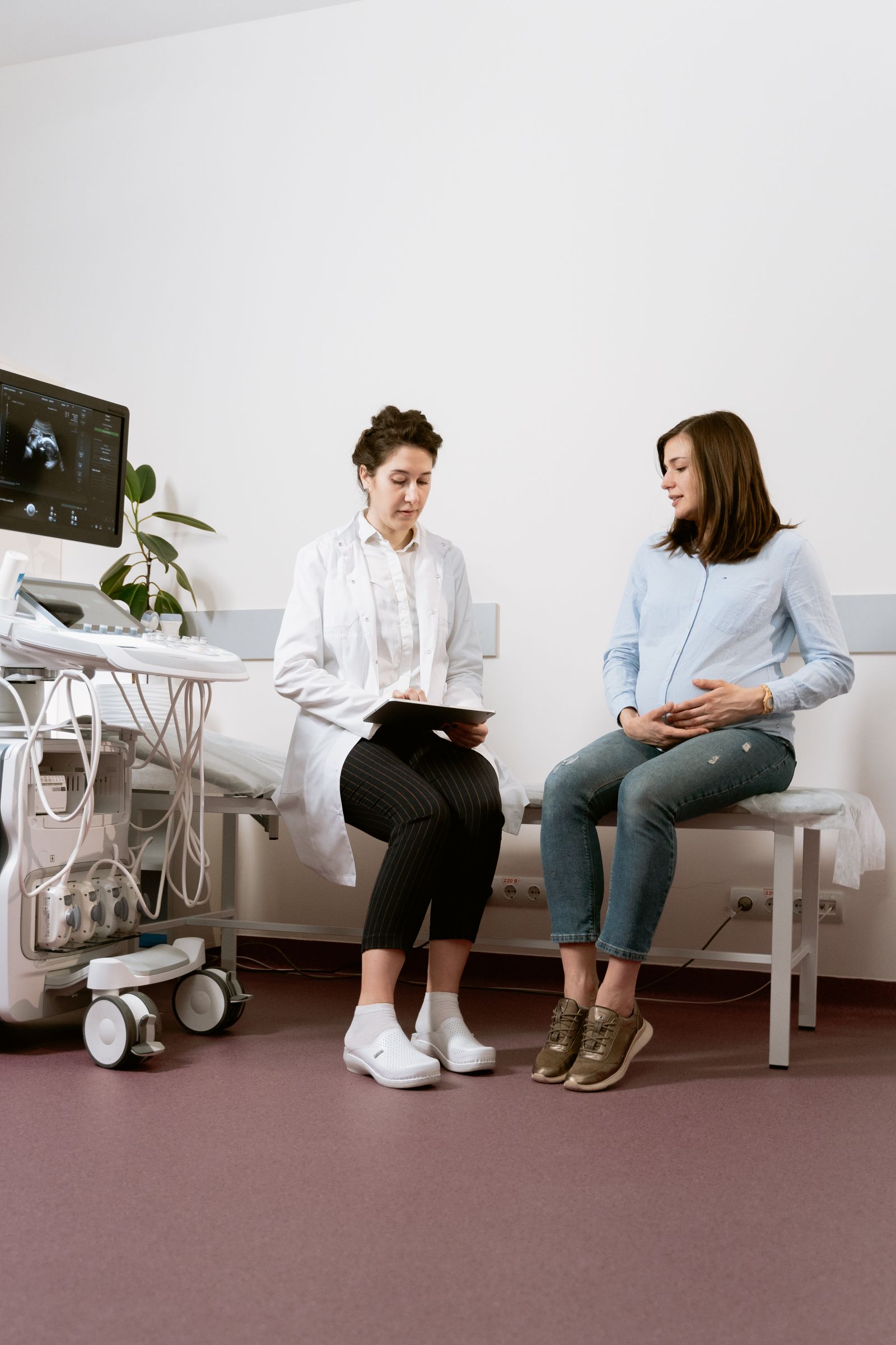 Free A pregnant woman consults with a doctor in a medical clinic, discussing health care and maternity. Stock Photo.